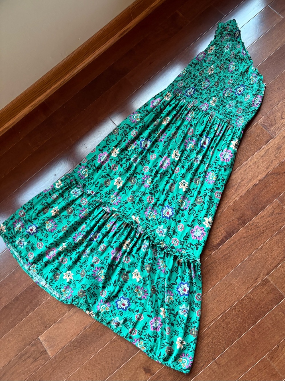 Knox Rose Small Green Floral Smocked Maxi Dress 100% Rayon Boho Tiered